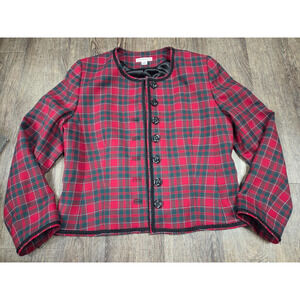 Pendleton Vintage Red Green Black Plaid 100% Virgin Wool Jacket 14 Blazer